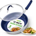 NutriChef 12″ Fry Pan With Lid – Large Skillet Nonstick Frying Pan with Silicone Handle, Ceramic Coating, Blue Silicone Handle, Stain-Resistant, Easy To Clean, Professional Home Cookware