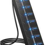USB Hub 3.0, 7-Port USB Hub Splitter with Individual On/Off Switches and Lights, 3.2ft/1m Long Cable Compatible with MacBook, Laptop, Surface Pro, PS4, PC, Flash Drive, Mobile HDD