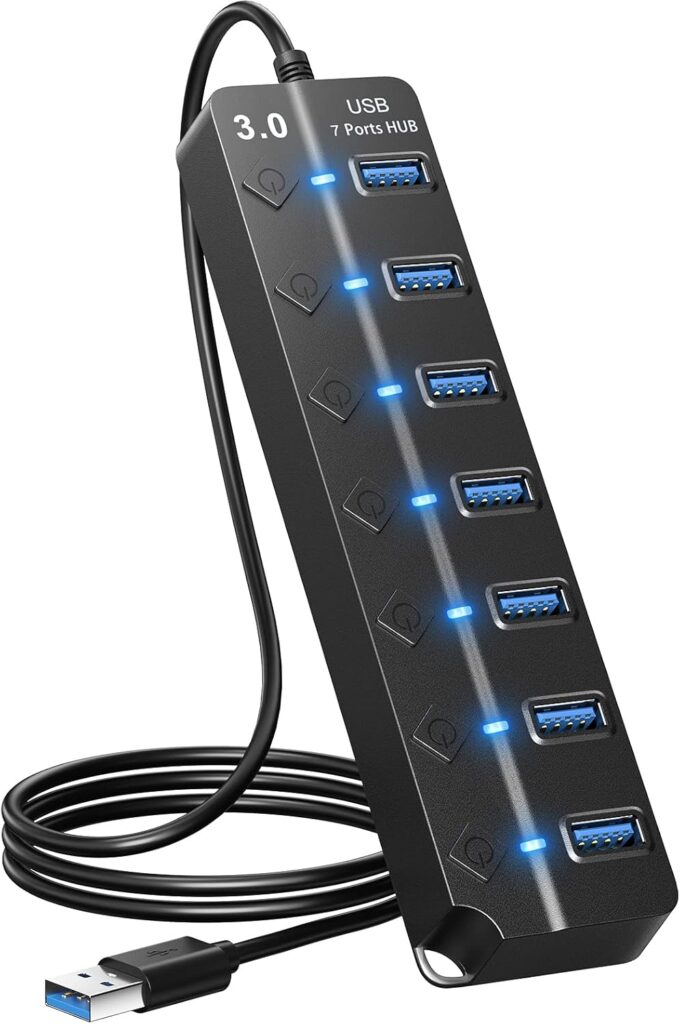 USB Hub 3.0, 7-Port USB Hub Splitter with Individual On/Off Switches and Lights, 3.2ft/1m Long Cable Compatible with MacBook, Laptop, Surface Pro, PS4, PC, Flash Drive, Mobile HDD