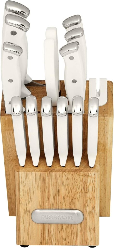Farberware Edgekeeper Triple Riveted Knife Block Set with Built in Sharpener, 14-Piece, White