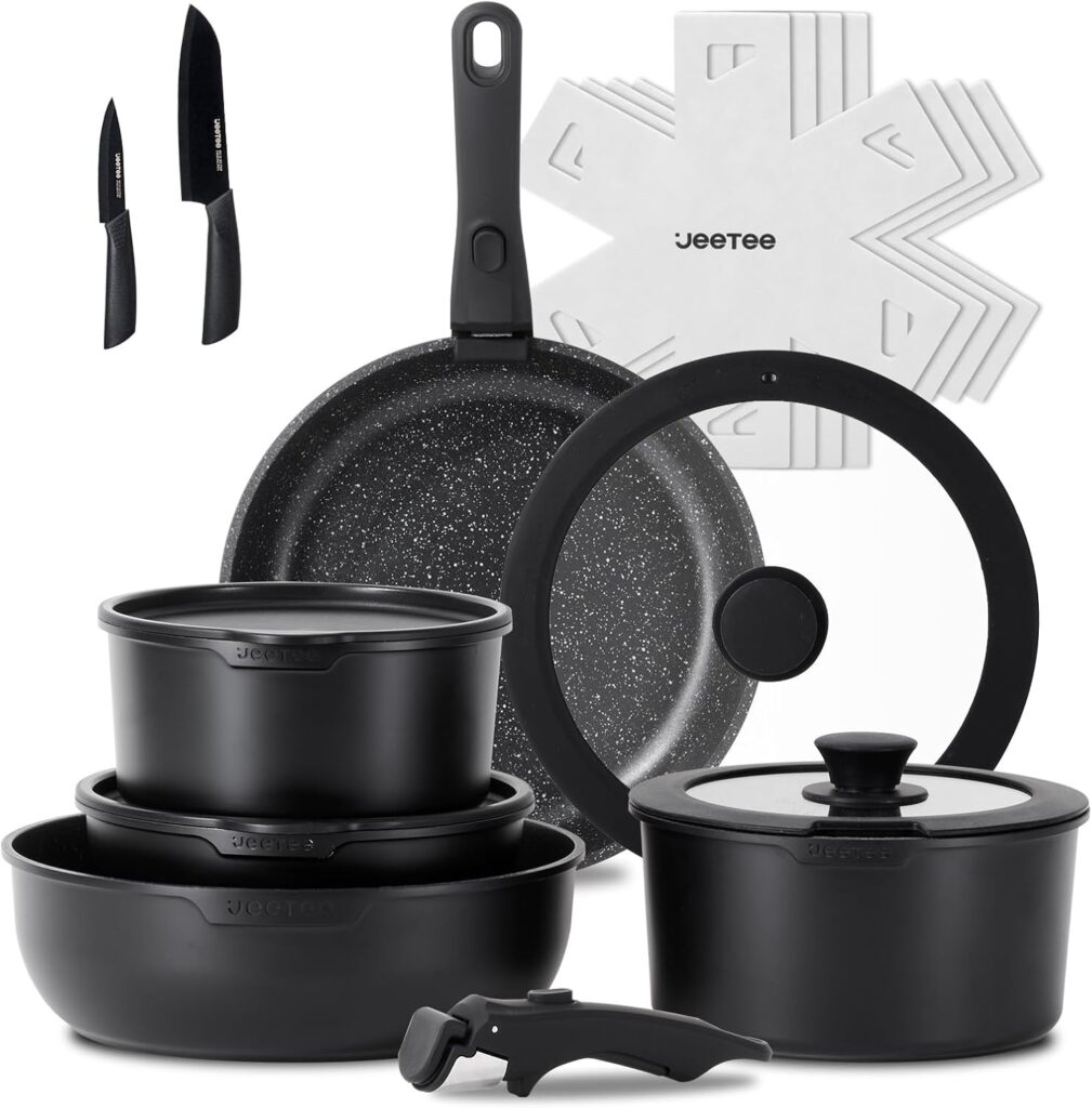JEETEE Pots and Pans Set Non Stick 17pcs, Kitchen Cookware Sets with Detachable Handle, Induction Nonstick Cookware Set with Removable Handle, Stackable RV Cookware, Oven Safe, PFAS/PFOA Free, Black