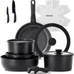 JEETEE Pots and Pans Set Non Stick 17pcs, Kitchen Cookware Sets with Detachable Handle, Induction Nonstick Cookware Set with Removable Handle, Stackable RV Cookware, Oven Safe, PFAS/PFOA Free, Black