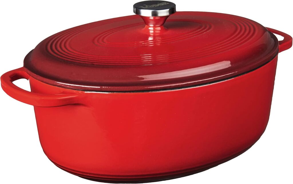 Lodge 7 Quart Enameled Cast Iron Oval Dutch Oven with Lid – Dual Handles – Oven Safe up to 500° F or on Stovetop – Use to Marinate, Cook, Bake, Refrigerate and Serve – Red