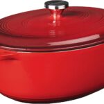 Lodge 7 Quart Enameled Cast Iron Oval Dutch Oven with Lid – Dual Handles – Oven Safe up to 500° F or on Stovetop – Use to Marinate, Cook, Bake, Refrigerate and Serve – Red
