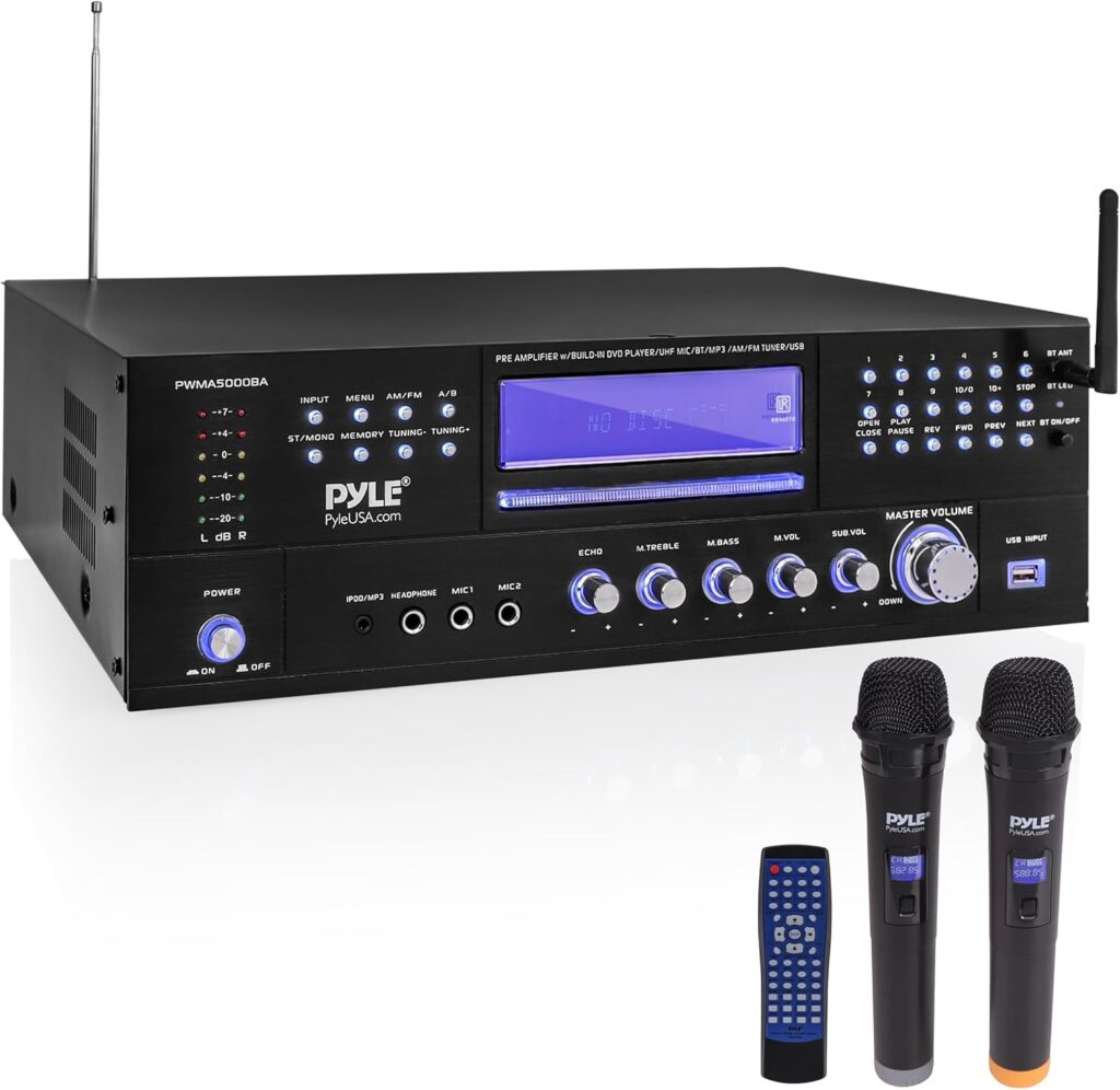 Pyle 4-Channel Wireless Microphone Amplifier System – Home Audio Stereo Receiver with CD/DVD Player, Dual UHF Mics, MP3/USB Playback, AM/FM Radio, Bluetooth Connectivity, Rack Mountable