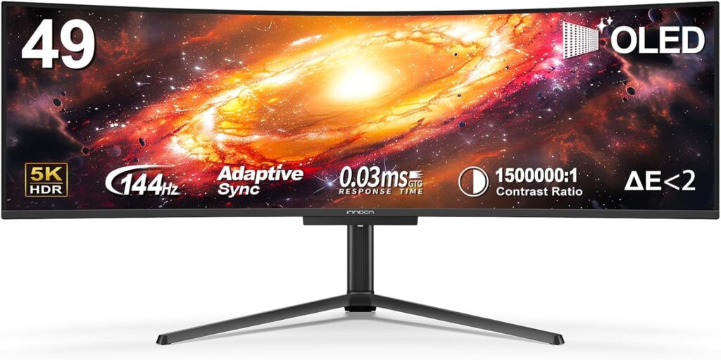 INNOCN 49″ OLED Ultrawide Curved Gaming Monitor 5120 x 1440p 144Hz, 0.03ms, USB Type C 90W, HDMI 2.1, DisplayPort, USB Hub, Speakers, Adaptive-Sync, Adjustable Stand, Black