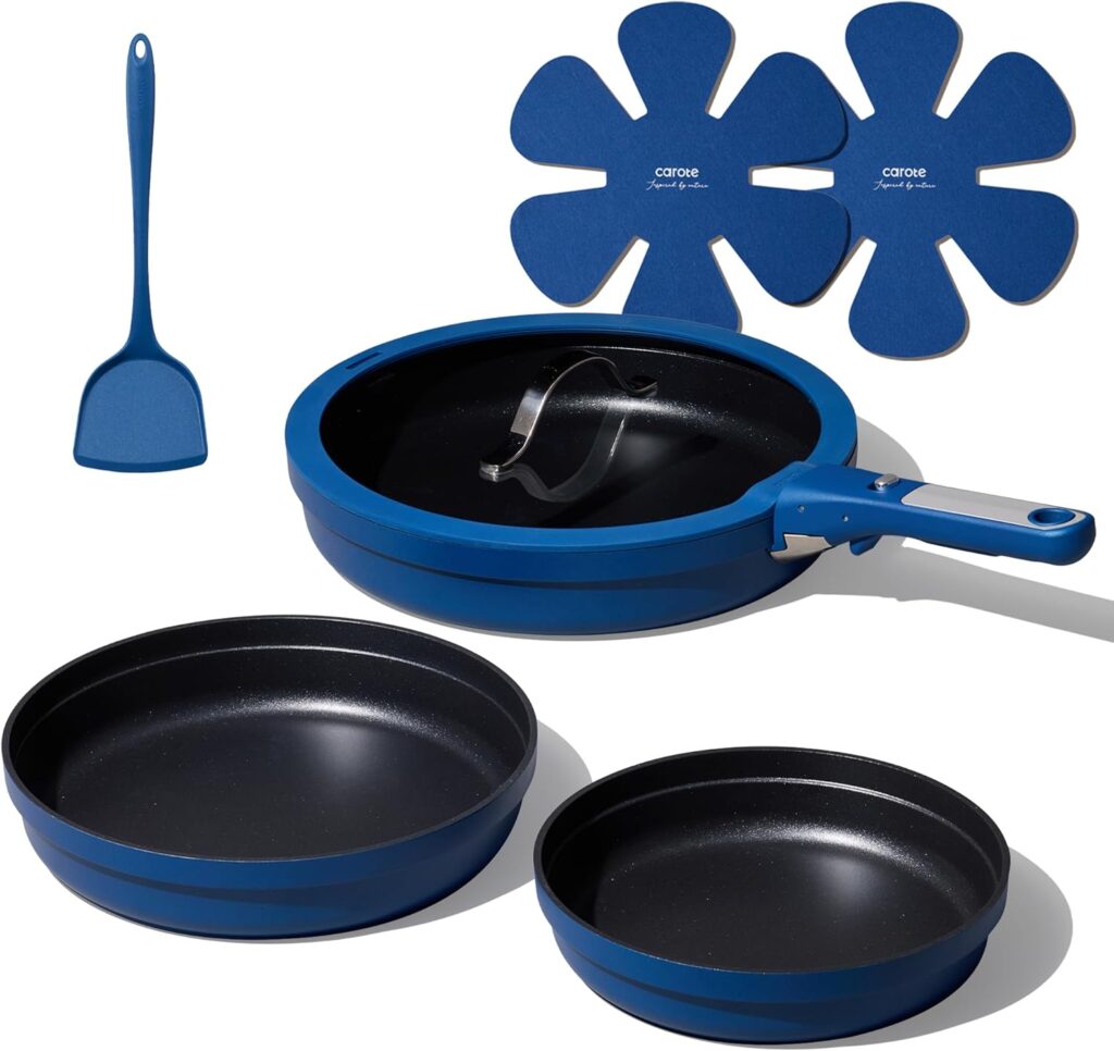 CAROTE 8Pcs Non Stick Frying Pans Set 3 Sizes(8,10,12 Inch), Kitchen Nonstick Skillets with Detachable Handle, Cooking Pan with lid, Oven Safe, Induction Cookware, Stackable Kitchen Set, Blue