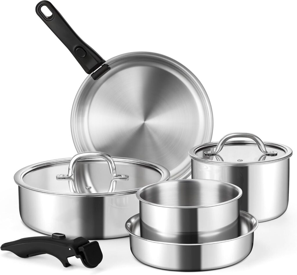 E-far 9pcs Stainless Steel Cookware Set, 3-Ply Pots and Pans Set w/Detachable Handle & Lid, Induction Cookware Kitchen Cooking Set for RV Camping, Nontoxic Whole Clad Frying/Saute/Sauce Pan, Oven Safe