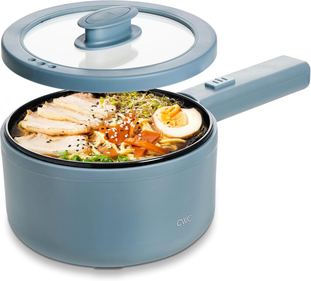 COOK WITH COLOR Electric Hot Pot, 1.6L Mini Cooker, 700W Power, Non-Stick Surface, Thermal Cut-Out Protection, Perfect for Rice, Noodles, Soups, Stews, Dorms, Apartments, and Small Kitchens, Blue Grey