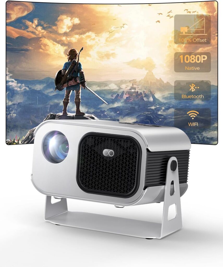 4K Projector with WiFi 6 and Bluetooth 5.2, [100% Offset]600 ANSI Projector Outdoor, Native 1080P Movie Projector with Stand, Auto Keystone & Electric Focus, for Outdoor Movie Night, Home Theater