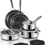 Pots and Pans Set Hybrid Stainless Steel, 10PC Nonstick Tri-Ply Cookware Set w/Frying pan, Dishwasher & Oven Safe, PFOA-Free, Metal Utensil Safe, Suitable for All Cooktops