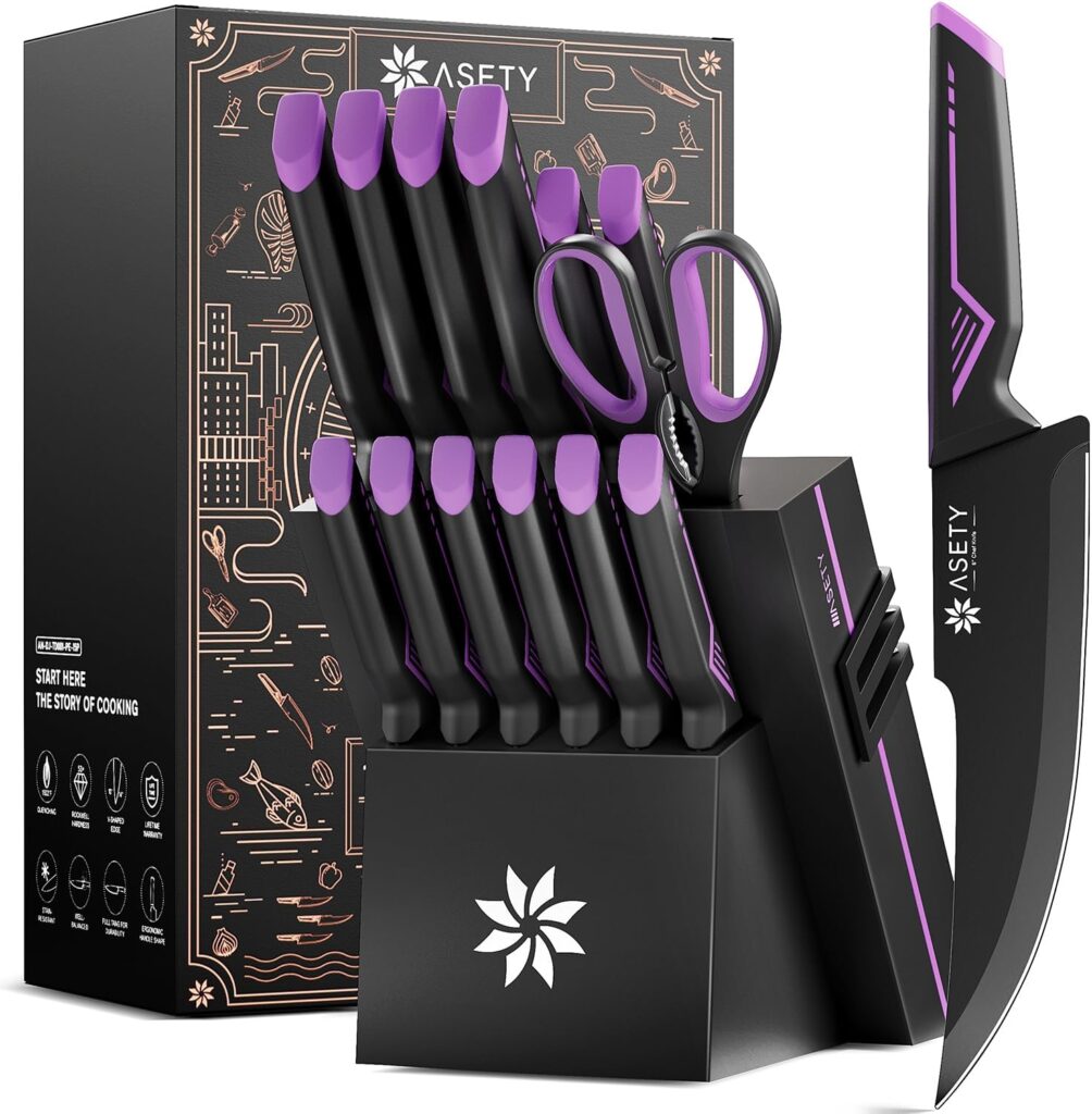 Knife Set – 15 PCS Kitchen Knife Set with Built-in Knife Sharpener Block – Stainless Steel Knife Block Set – Dishwasher Safe, Christmas Elegant Box for Men Women