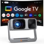 2000 ANSI Official Licensed Google TV Outdoor Projector 4K Full HD, Smart Projector with Wifi and Bluetooth, Auto Focus, Dolby Sound, Built-in Apps, HAPPRUN Indoor Home Theater with 270° Stand