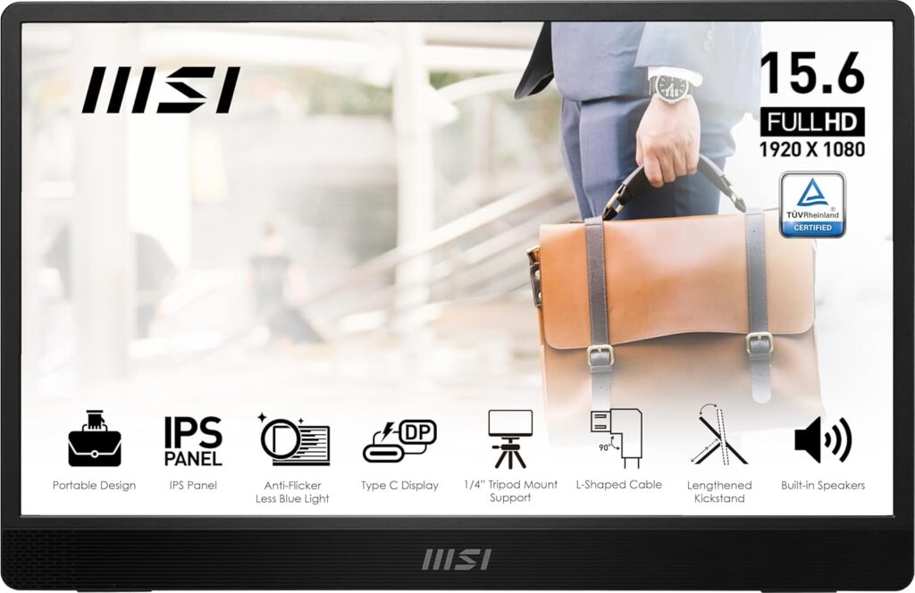 MSI Pro MP161 E2 Portable Monitor, 15.6″ FHD IPS 1080p, USB Type-C, Mini-HDMI, Built-in Speakers, Perfect for PC, Mac, PS5, PS4, Xbox, Mobile, Metal Gray
