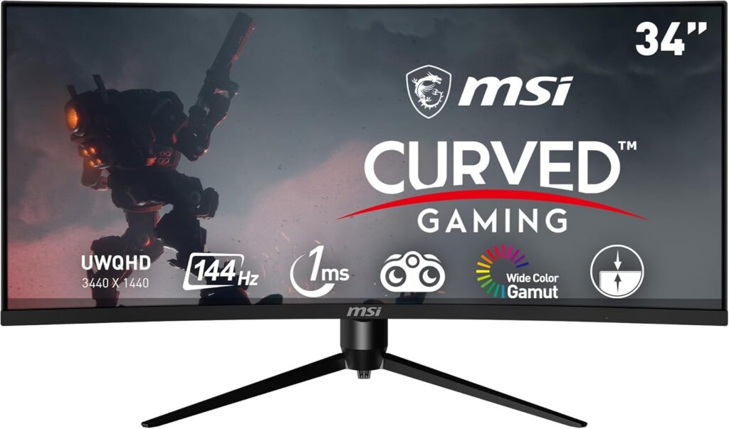 MSI Optix MAG342CQR 1500R Curvature 21:9 Aspect Ratio Narrow Bezel 1ms 3440 x 1440 (UWQHD) 144Hz Refresh Rate Tilt/Swivel/Height/Pivot Adjustment 34″ AMD Freesync Gaming Curved Monitor, Black