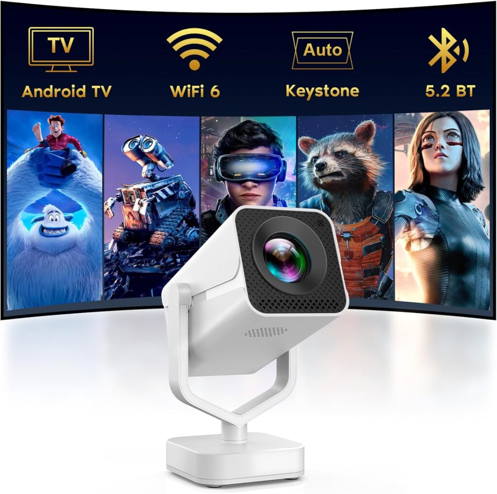 Mini Portable Projector with WiFi 6 and Bluetooth 5.2 Android, 1080P 4K Support with Apps Built in, 200 ANSI Lumens, Auto Keystone, 270° Rotatable Outdoor Wireless Projector Compatible with HDMI/Phone