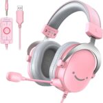 FIFINE USB Gaming Headset, PC Over-Ear Wired Streaming Headset with 3.5mm Jack, Detachable Microphone, 7.1 Surround Sound, Control Box, Passive Noise Cancellation, for PS5/Xbox/Switch-H9 Pink