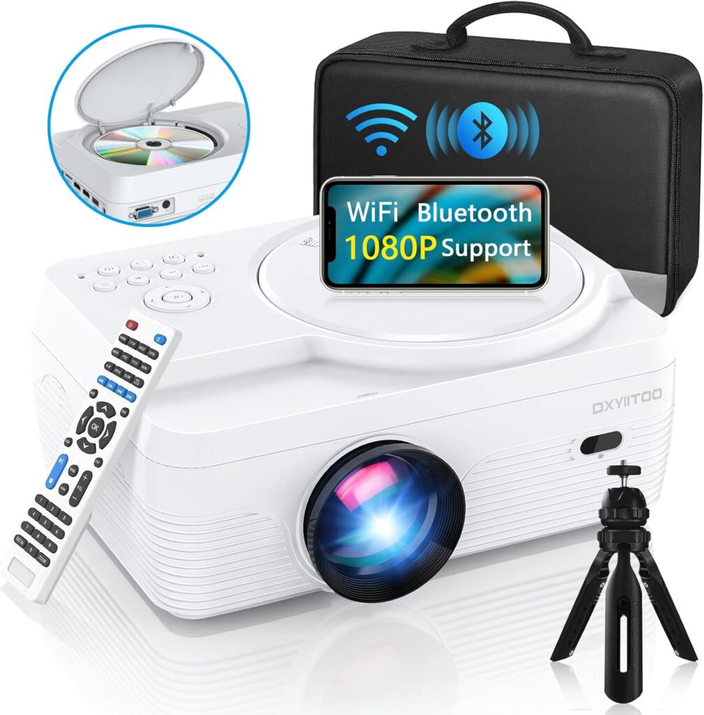 Full HD WiFi Bluetooth Projector Built in DVD Player, 12000LM 1080P Supported, Portable Mini DVD Projector for Outdoor Movies, 250″ Home Theater, Compatible with iOS/Android/TV Stick/PS4/HDMI/USB/TF