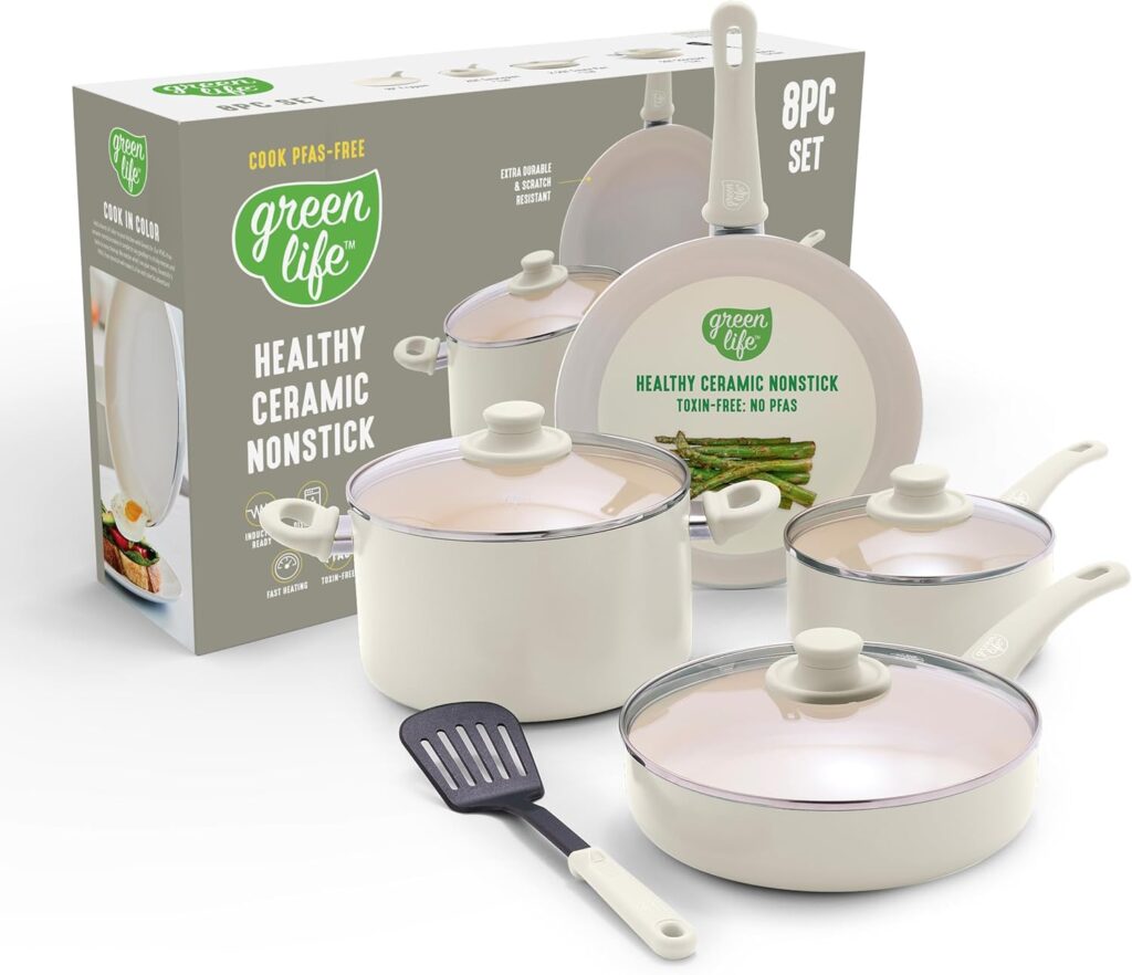 GreenLife 8 Piece Nonstick Cookware Set, Non-Toxic PFAS-Free Ceramic Pots & Pans, Dishwasher & Oven Safe, Frying, Sauce, Stock Pot, Glass Lids, Stay-Cool Handles, Wobble Free, Cream