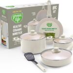 GreenLife 8 Piece Nonstick Cookware Set, Non-Toxic PFAS-Free Ceramic Pots & Pans, Dishwasher & Oven Safe, Frying, Sauce, Stock Pot, Glass Lids, Stay-Cool Handles, Wobble Free, Cream