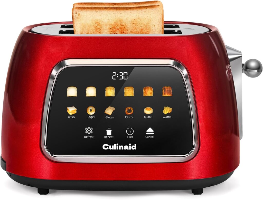 Toaster 2 Slice Smart Touch Screen, Retro 1.5” Extra Wide Slot Stainless Steel Digital Bread Toaster with Memory Function, Bagel, Defrost, 6 Browning Levels and Removable Crumb Tray, Red
