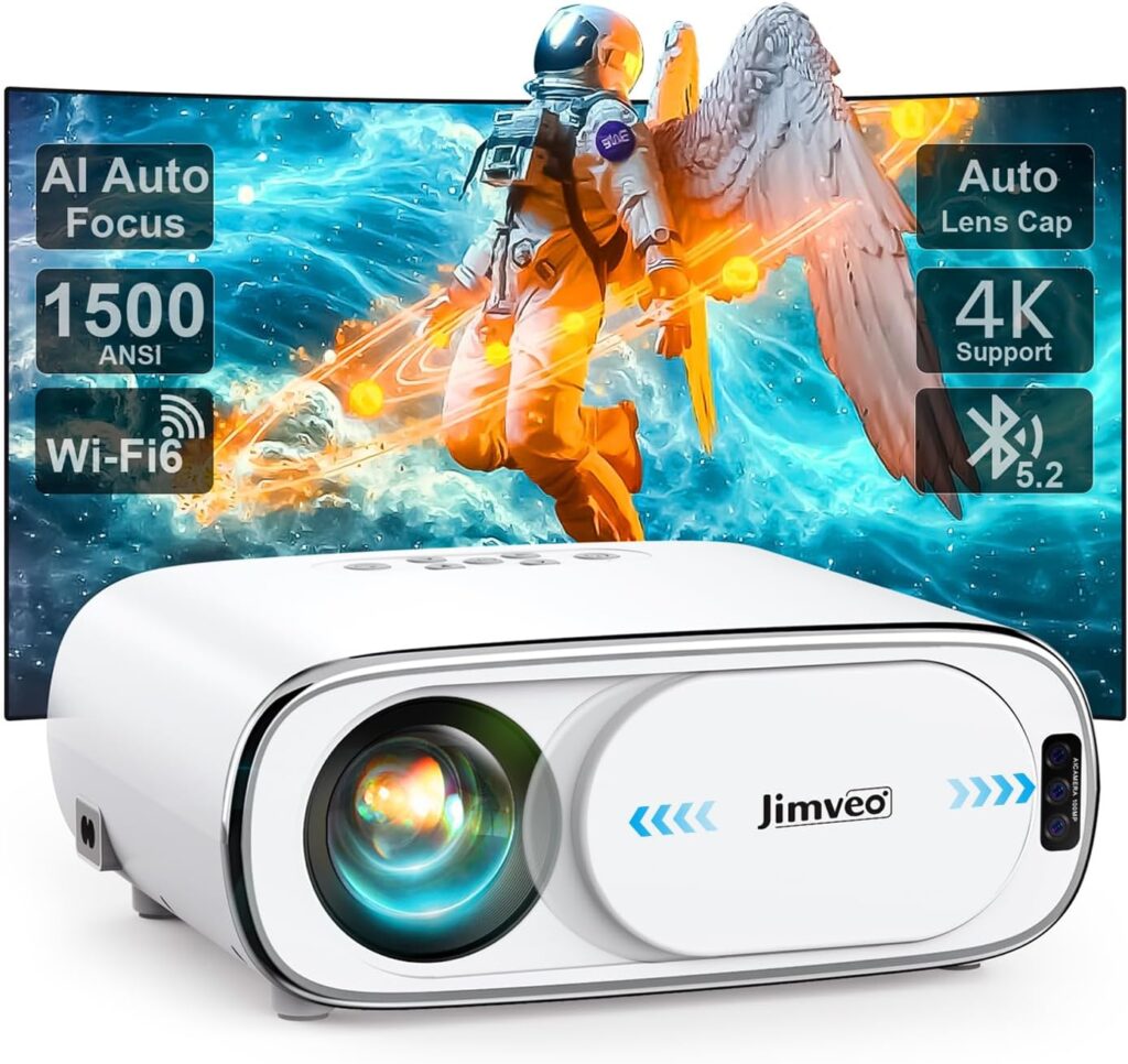 Projector [AI Auto Focus/Auto Lens Cap] Outdoor-Projector-4K with WiFi 6 and Bluetooth: 1500 ANSI Portable Projector with Auto 6D Keystone & Zoom, Jimveo Native 1080P Movie Proyector 2025 Upgraded