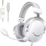 FIFINE USB PC Gaming Headset with 3.5mm Audio Jack, Detachable Microphone, 7.1 Surround Sound, Volume Control, Streaming Over-Ear Wired Headphones for Computer, PS5, Controller, Xbox-H9 White