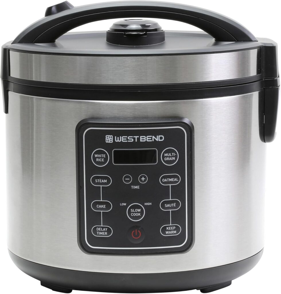 West Bend Rice & Grain Multi Cooker Programmable with 9 Preset Functions, Features Delay Start and Keep Warm Functions and Steam Basket, 20 Cups Cooked (10 cups uncooked), Stainless Steel