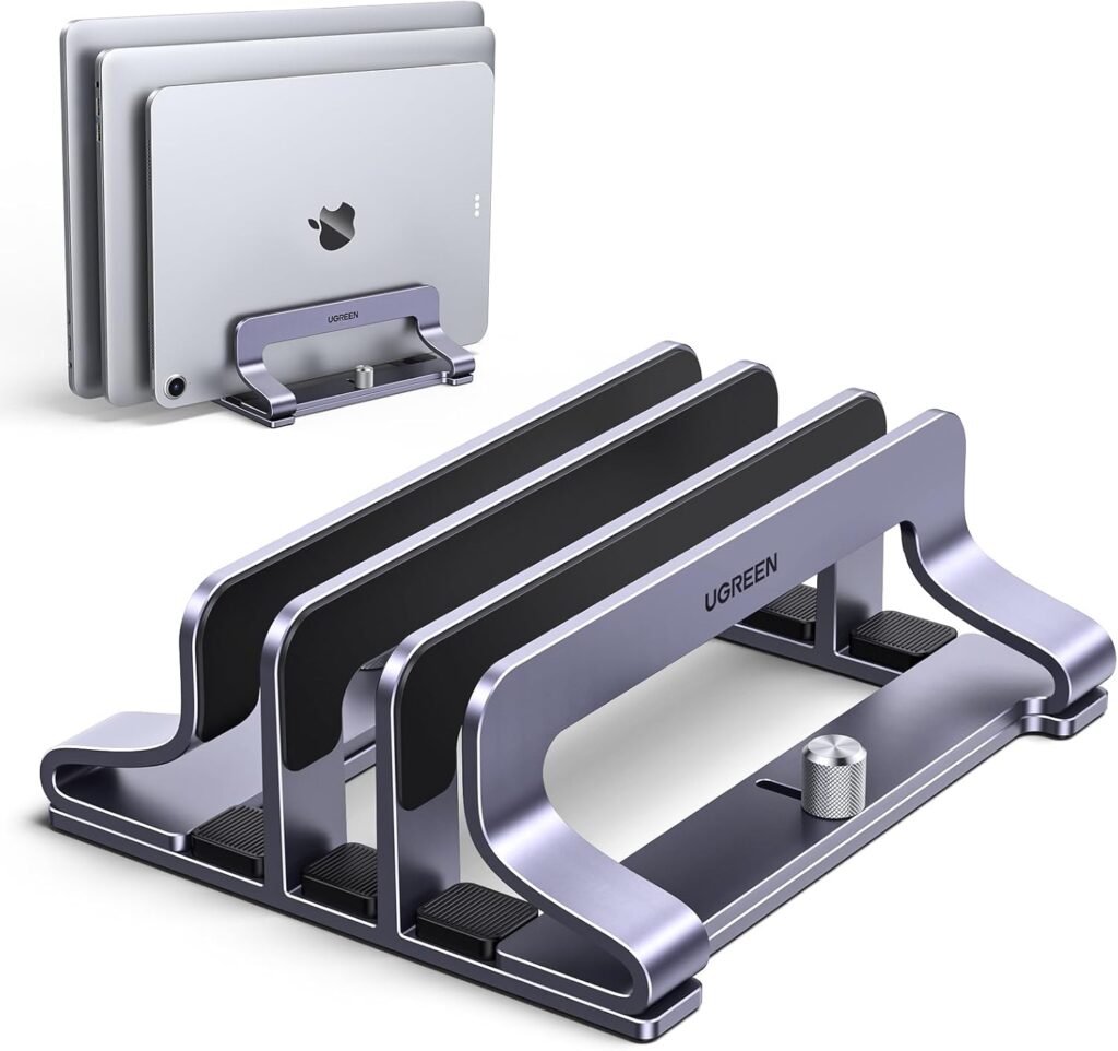 UGREEN 3-Slot Vertical Laptop Stand Holder Desk Compatible with MacBook Pro Air Laptop Stand Desktop Adjustable, Lenovo Ideapad, Surface Book, HP Notebook, Dell Chromebook Up to 17.3 Inch, Space Gray