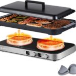 AMZCHEF Double Induction Cooktop with Removable Griddle Pan Non-stick, 1800W 2 burner Portable Induction Stove With Sensor Touch 9 Power Levels, 99 Min Timer, Iron Grey
