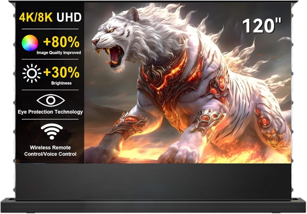 IN&VI 120″ Motorized Floor Rising Projector Screen for UST Long/Standerd Throw Projector,Matte White Projector Screen Motorized for Home Theater,Movie Screen 4K/8K Ultra HD Active 3D