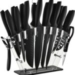 EUNA Kitchen Knife Set, 19 PCS Black Knife Set with Acrylic Block and Sharpener, German High-Carbon Stainless Steel Knife Sets with 6 Serrated Steak Knives, Bread Knife, Chef Knife, Dishwasher Safe