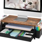 Desk Organizer and Accessories, 2-Tier Computer Monitor Stand Rise with Storage Drawer & 2 Pen Holders, Laptop & Printer Stand for Desktop, Workspace Organizers for Office Supplies (Brown)