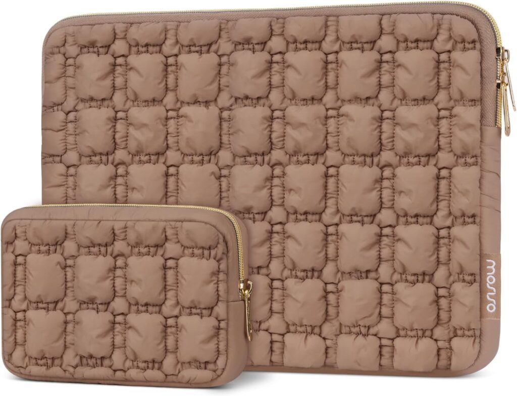 MOSISO Laptop Case 13.3 inch, 13-14 inch Laptop Sleeve Compatible with MacBook Air 13 13.6/Pro 13/Pro 14, HP Dell ASUS Lenovo, Puffy Raised Quilted Grid Carrying Computer Bag with Small Case, Brown