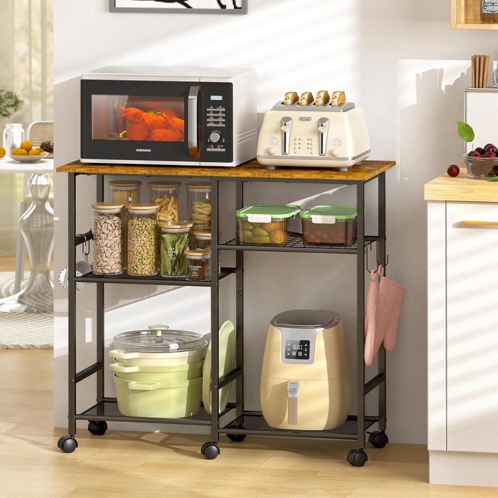 Kitchen Microwave Cart, Microwave Stand with Adjustable Shelf, Coffee Bar Stand Kitchen Baker’s Rack with Wheels Rolling Storage Cart Organizer Shelf for Living Room, Office, Balcony