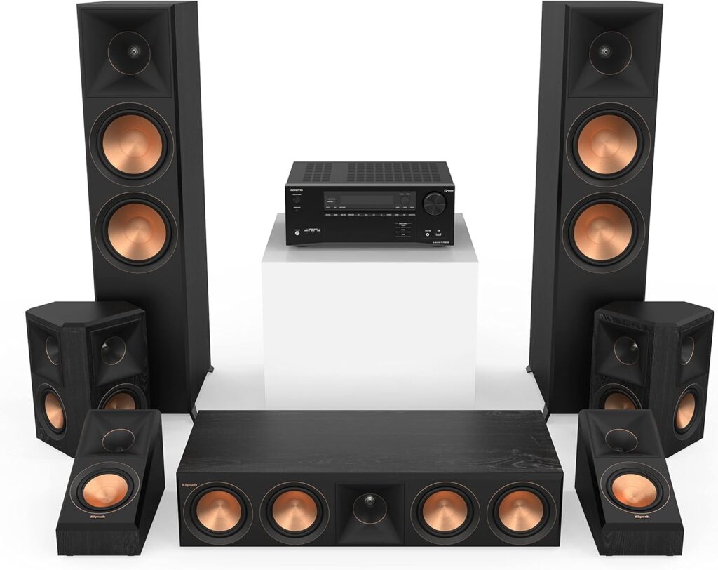 Klipsch Reference Premiere RP-8000F II 5.0.2 in Ebony Home Theater System with 8” Cerametallic Woofers in Ebony with Onkyo TX-NR6100 7.2 Channel AV Receiver