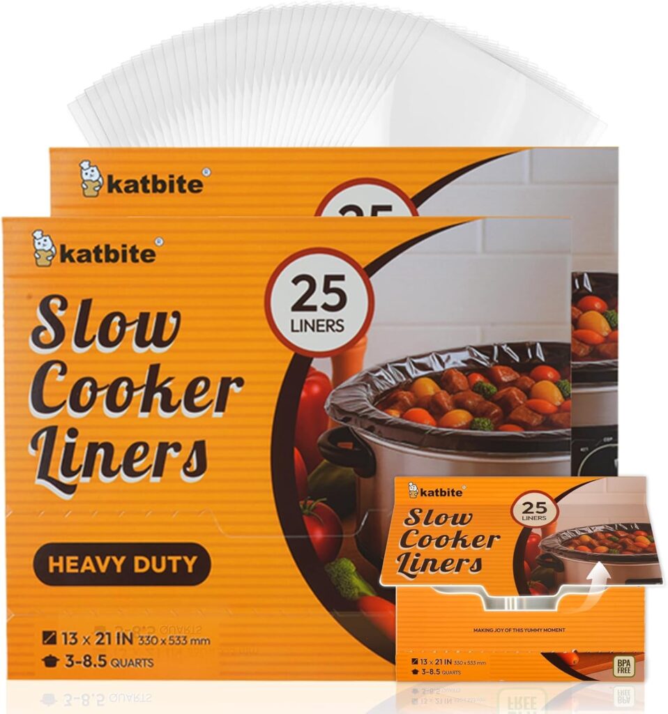 Katbite Crock Pot Liners, Heavy Duty Pop-Up Slow Cooker Liners, 13″ X 21″ Large Size Disposable Cooking Bags, Regular (Fits 3-8.5 Quarts) Suitable for Oval & Round & Retangular Crock Pot, 50 Count