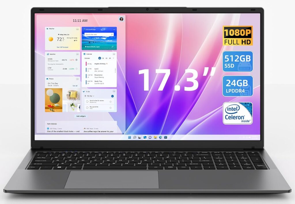 17.3 Inch Windows 11 Laptop Computer with 24GB RAM 512GB SSD, Celeron N5095 CPU(Up to 2.9GHz), 16:10 FHD IPS 1920×1200 Display, Bluetooth 5.0, USB 3.0, Type-C, Portable Thin Business Student Laptops