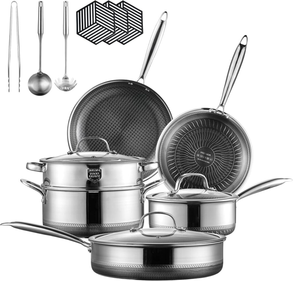 Cookware Sets, 15 Piece Tri-play Non-stick Set Hybrid Frying Pans, Sauce pan, Saute Pan,Casserole with Basket and Lids, Stay-Cool Handles, Oven, Dishwasher