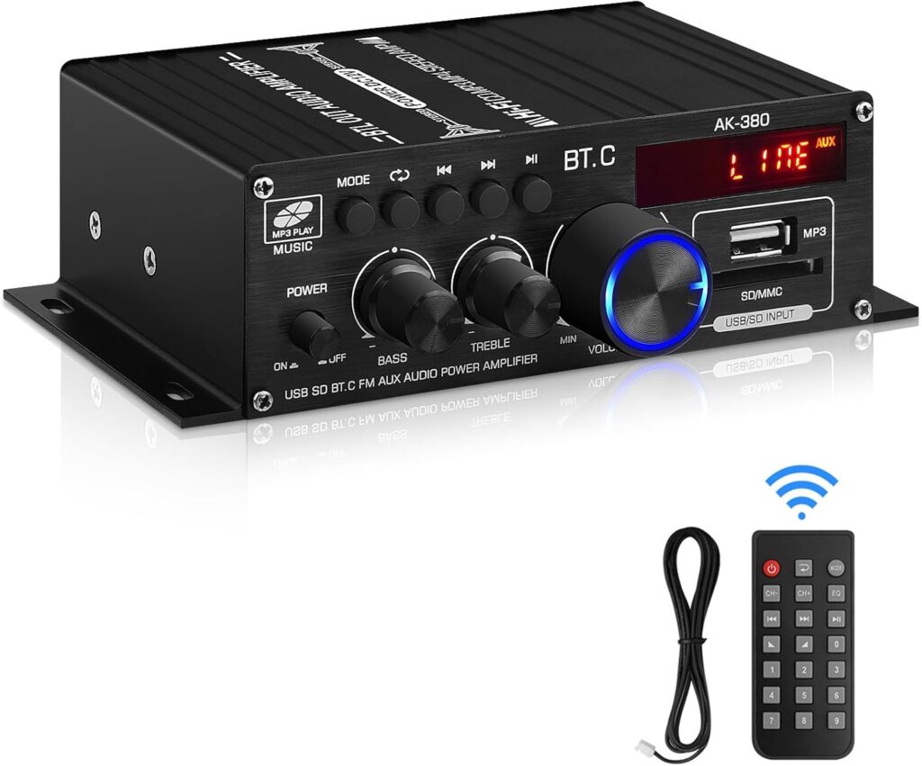 Bluetooth 5.0 Audio Power Amplifier AK-380 400W+400W 2.0 CH HiFi Stereo Amp Receiver with USB,SD,AUX,FM Antenna for Car Home Speaker Bar Party-(Without Power Adapter)