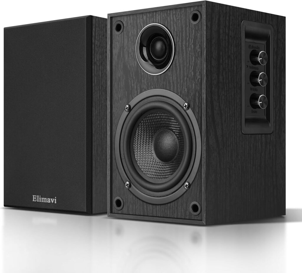 Bluetooth Bookshelf Speakers, 40W X 2 Record Player Speakers with 4″ Carbon Fiber Woofer and a 1″ Silk Dome Tweeter, Computer Speakers with BT5.3/RCA/USB-C Input for PC and TVs, Black