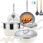 PekGema Ceramic Pots and Pans Set, 16 Pcs Cookware Set Nonstick, Non Toxic, Oven Safe, Induction Cookware, Cooking Set with Steamer, PPG Ceramic PFAS PTFE PFOA FREE, White