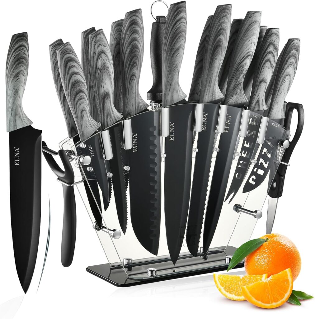 EUNA Knife Block Set, 19 PCS Kitchen Knife Set with Acrylic Block and Sharpener, German High-Carbon Stainless Steel Knife Sets with 6 Serrated Steak Knives, Bread Knife, Chef Knife, Dishwasher Safe