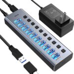 KAGO Powered USB Hub 3.0 with ac Adapter – 10 USB 3.0 Data Transfer Ports, 4 Charging Ports with Individual On/Off Switches, Power Adapter Included