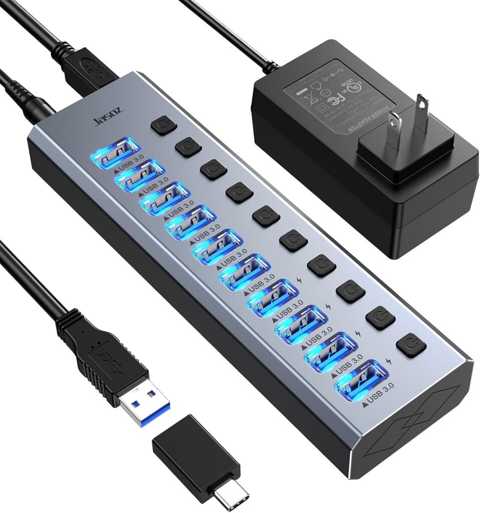 KAGO Powered USB Hub 3.0 with ac Adapter – 10 USB 3.0 Data Transfer Ports, 4 Charging Ports with Individual On/Off Switches, Power Adapter Included