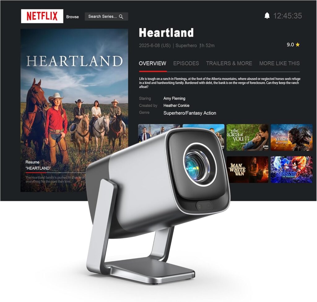 [Official Netflix & Real-time Focus] Mini Projector with WiFi and Bluetooth, XuanPad 1800 ANSI Smart Projector 4K Support, Dolby Audio & Keystone Projector, 210° Rotatable Stand for Home Projector