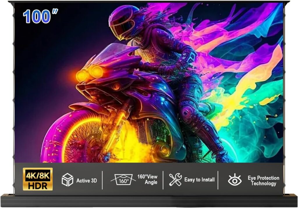 IN&VI 100″ Motorized Floor Rising Projector Screen for Ultra Short Throw Projector,Motorized Projector Screen 4KUltra HD Active,ALR CLR Movie Screen for Home Theater