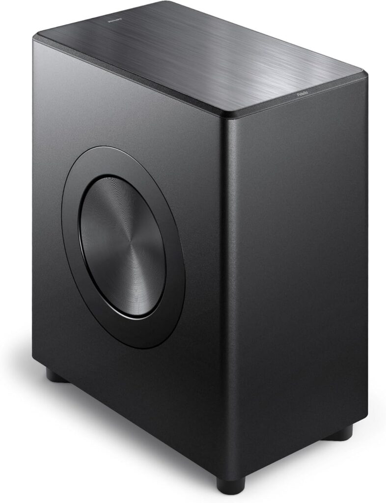 PHILIPS Fidelio FW1 Wireless Subwoofer for TV,Rich Bass Sound with DTS Play-Fi,Dual Passive-Radiator,420W Large Output,Smart Pairs,RCA Connection,Perfect for Movie and Music,Head-Turning Looks,Black
