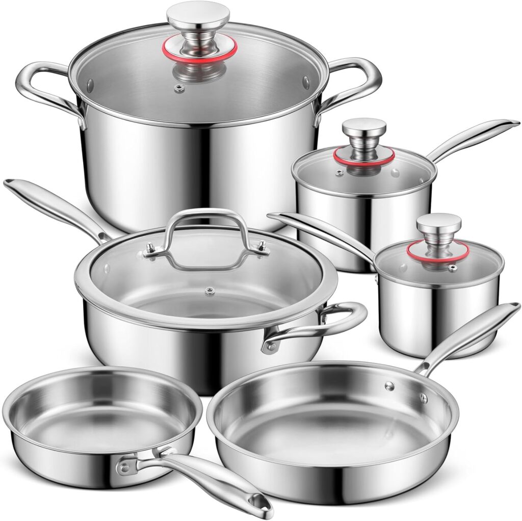 P&P CHEF 3-Ply Stainless Steel Pots and Pans Set, 10 Pcs Stainless Steel Cookware Sets for Kitchen, Induction Non-toxic Kitchen Cooking Set w/Fry Pans, Saucepans, Stockpot, Saute Pan