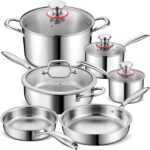P&P CHEF 3-Ply Stainless Steel Pots and Pans Set, 10 Pcs Stainless Steel Cookware Sets for Kitchen, Induction Non-toxic Kitchen Cooking Set w/Fry Pans, Saucepans, Stockpot, Saute Pan